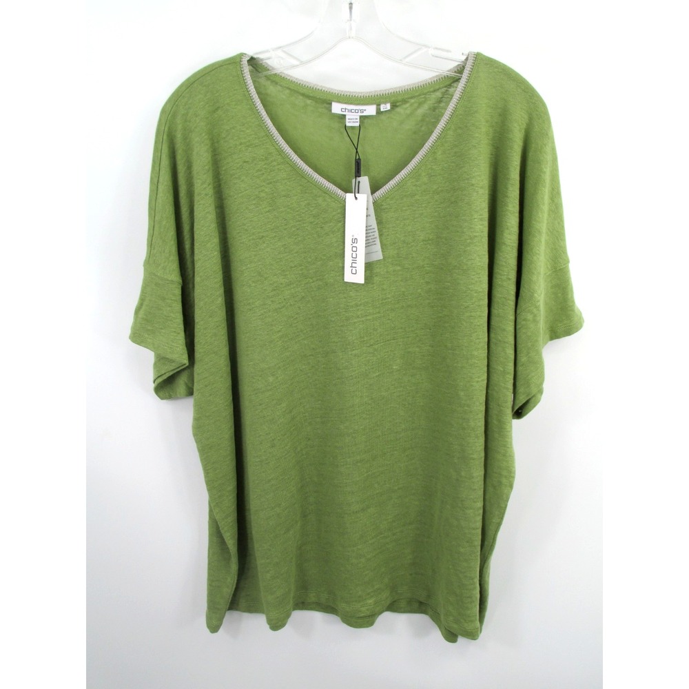 Chicos Linen Sweater Trim Stitch Tee Spanish Moss Green XXL 4 570367711